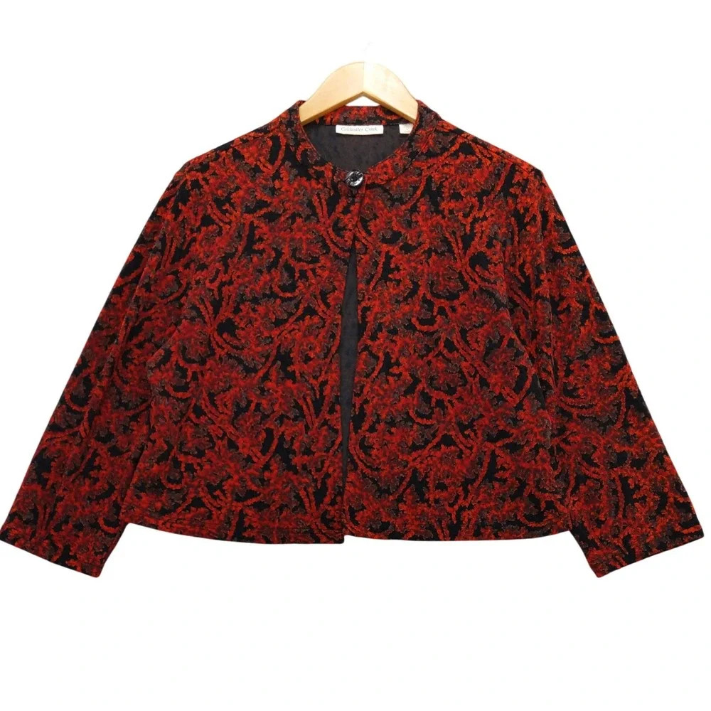 Coldwater Creek Red Floral Tectured Bolero Jacket L‎ Dark Fairy Witchy Goth